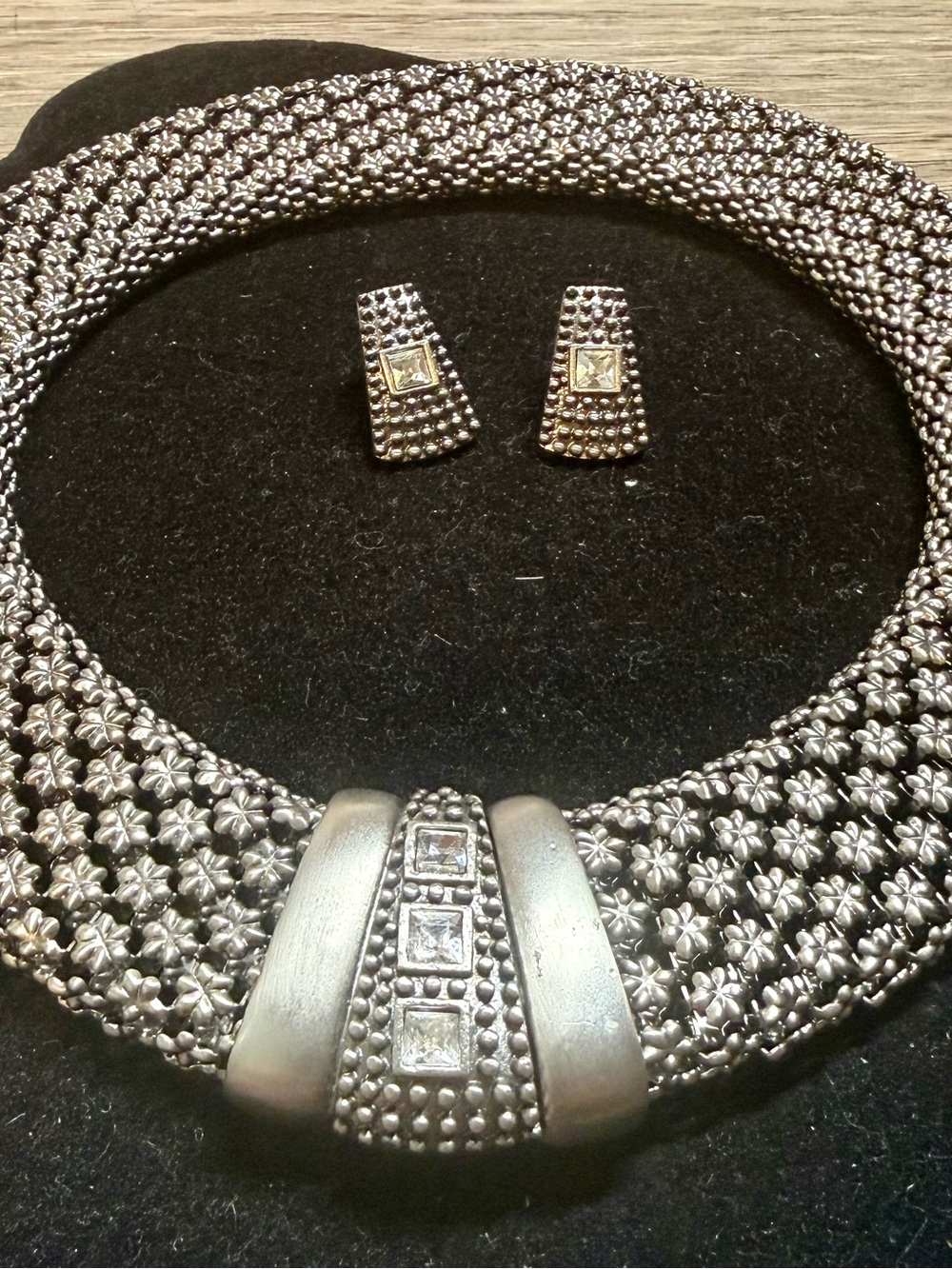 Silver-Tone Textured Statement Necklace and Earring Set